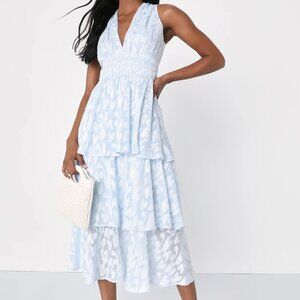 Make It Mesmerizing Light Blue Jacquard Tiered Midi Dress